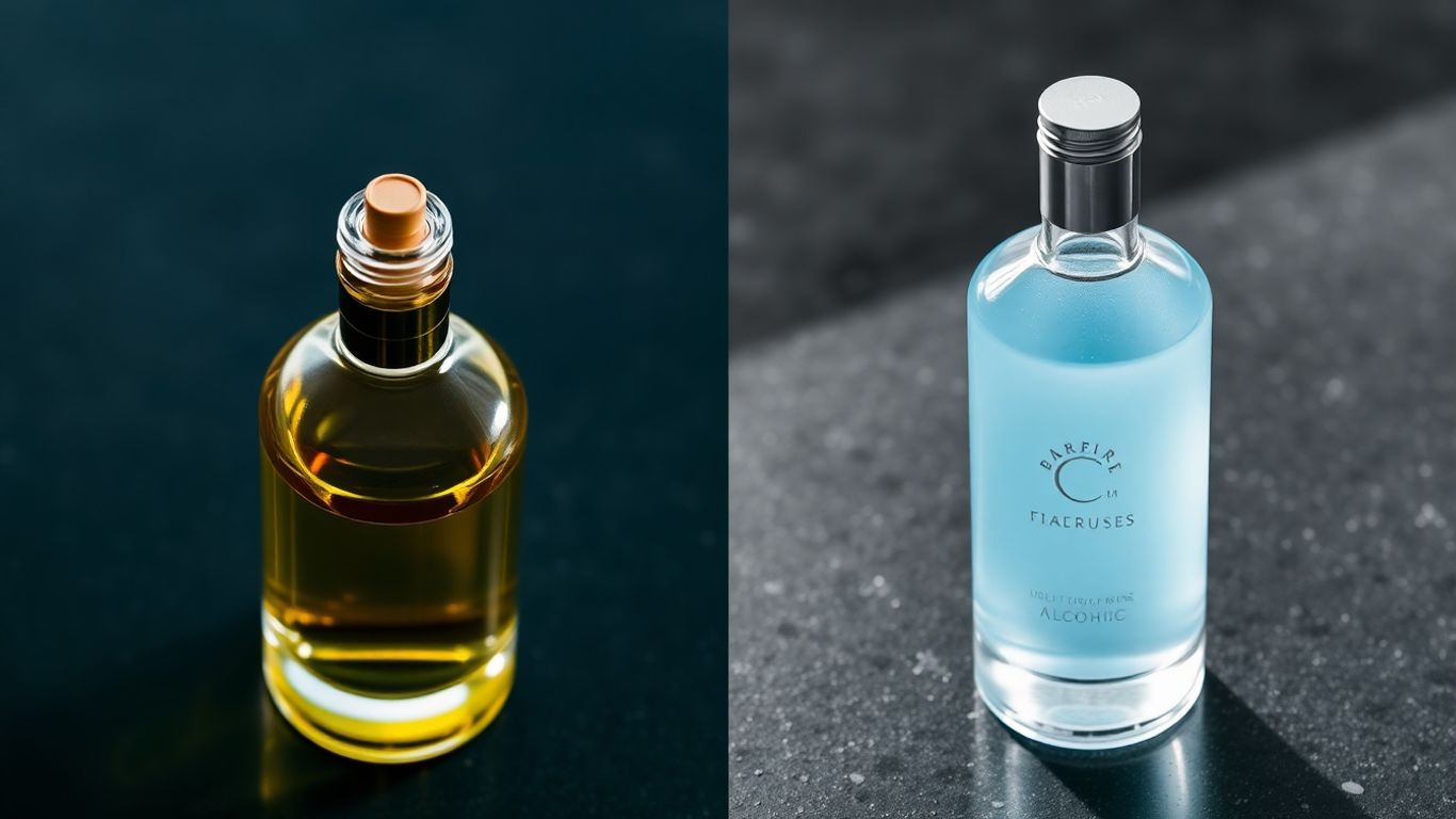 Bottles of oil perfume and alcohol-based fragrance side-by-side.