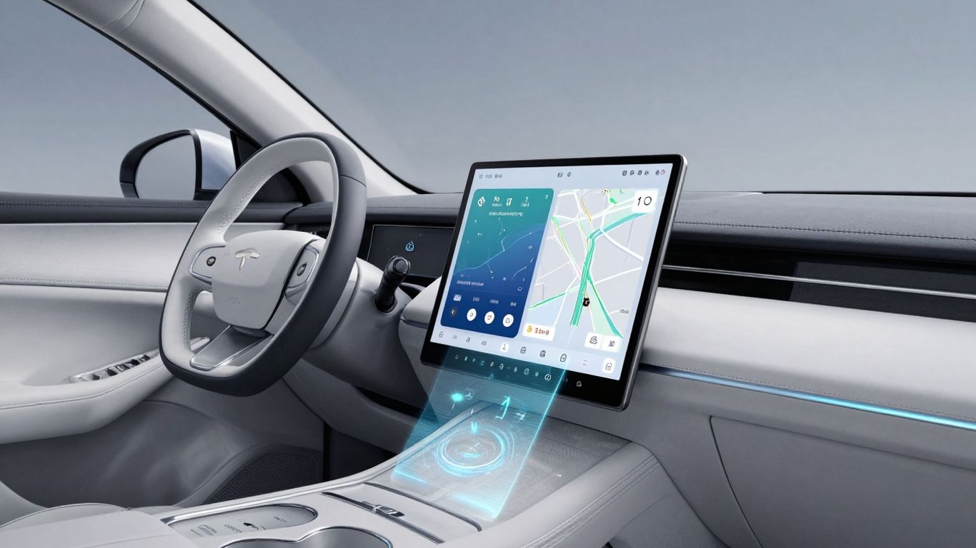 Futuristic car interior with holographic e-commerce display.