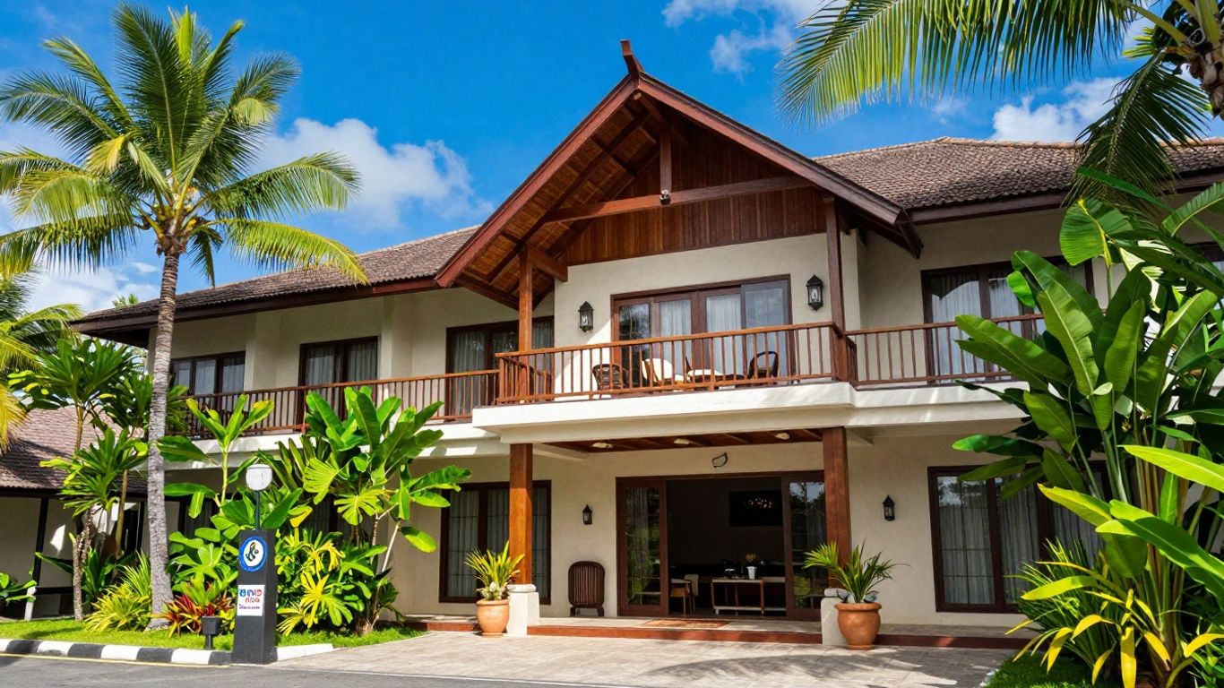 Blue Parrot Komodo hotel exterior with tropical plants.