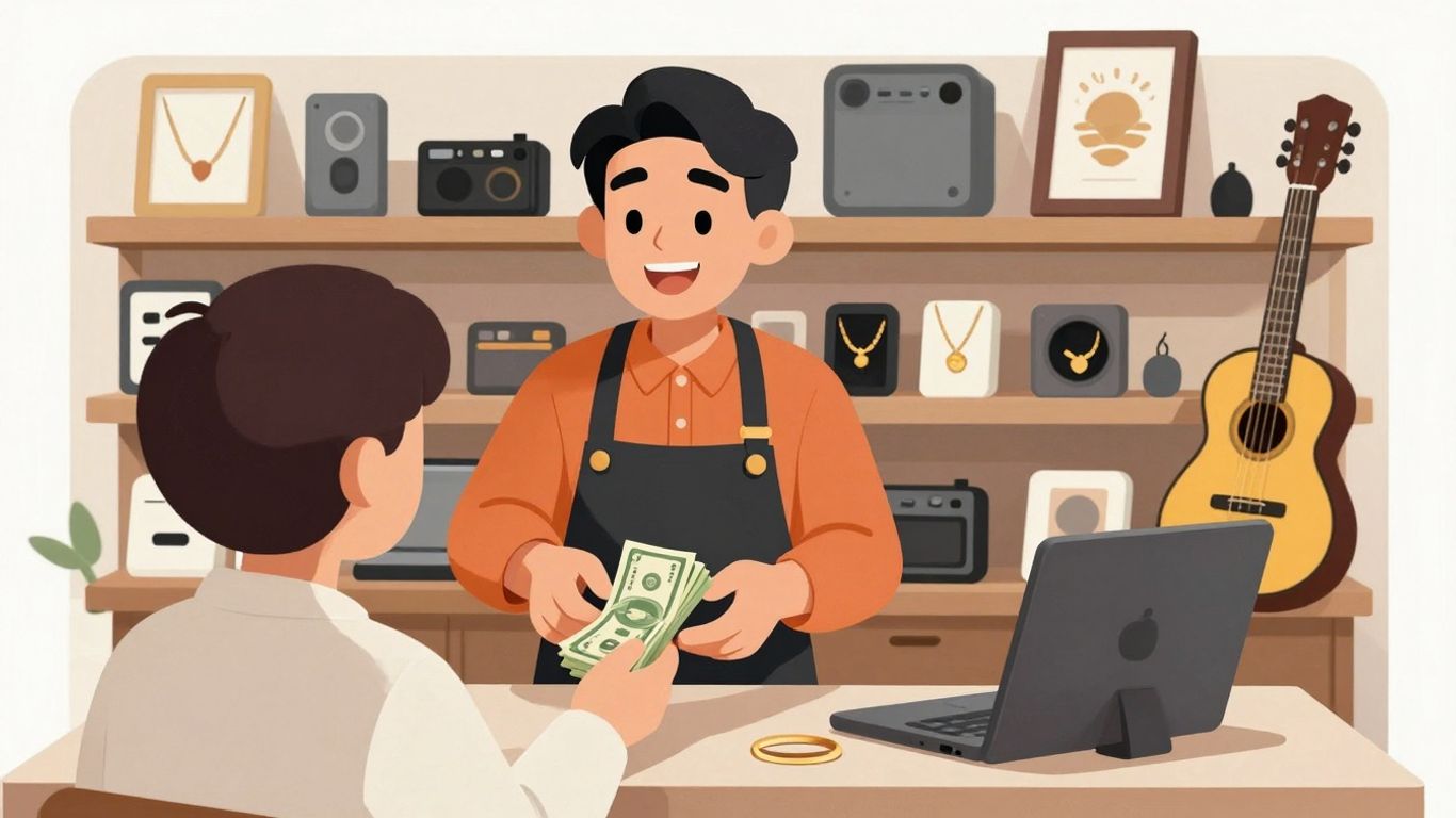 Pawn shop transaction with cash and items.