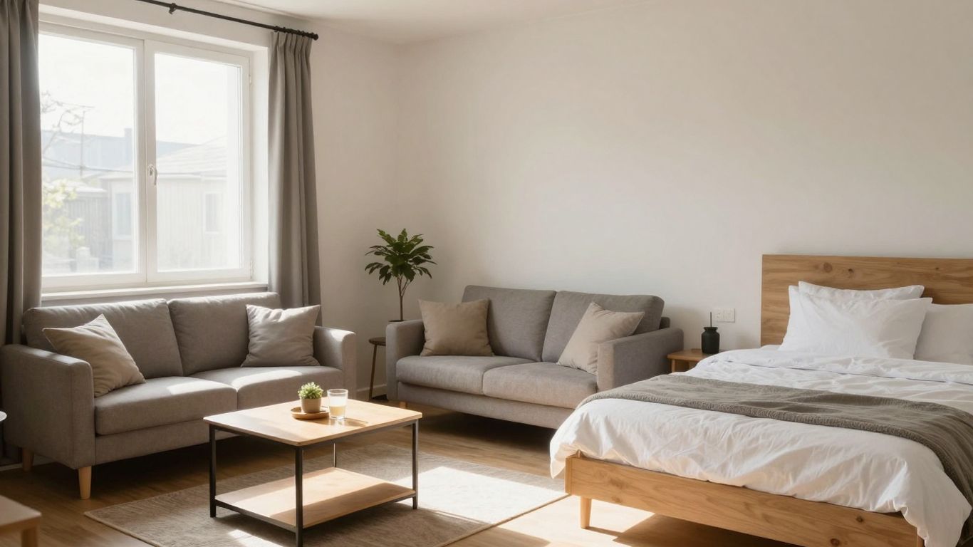 Temporary living space with furniture and sunlight.