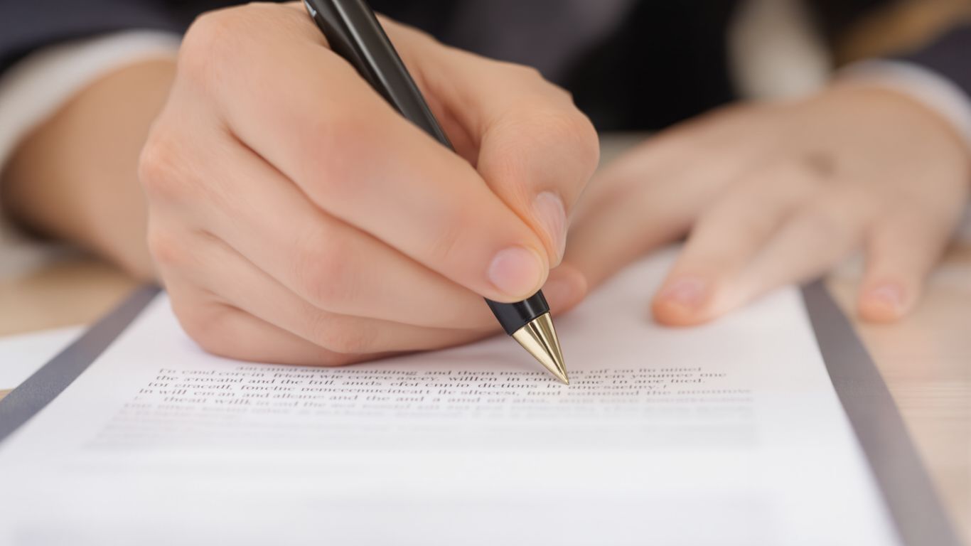 Hands signing a legal document.