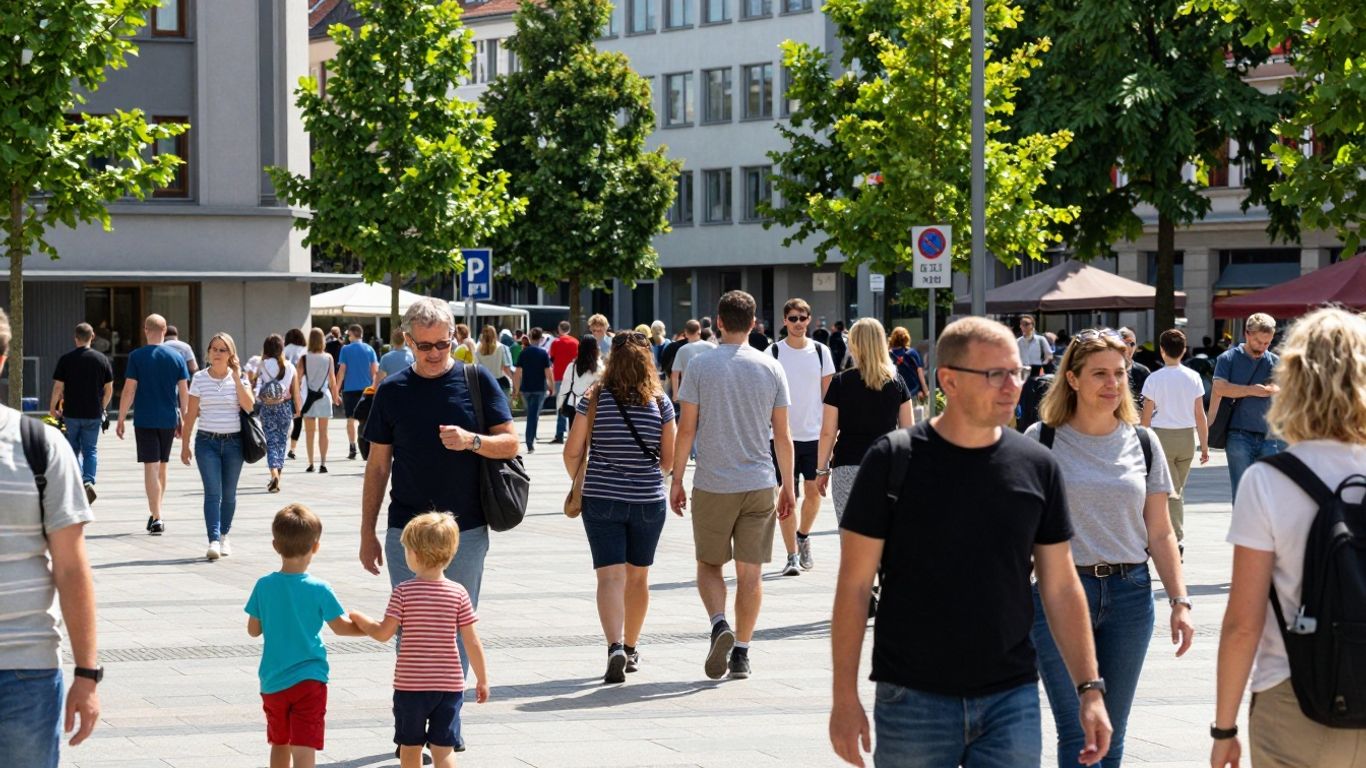 Menschenmenge in einer deutschen Stadt bei Sonnenschein.