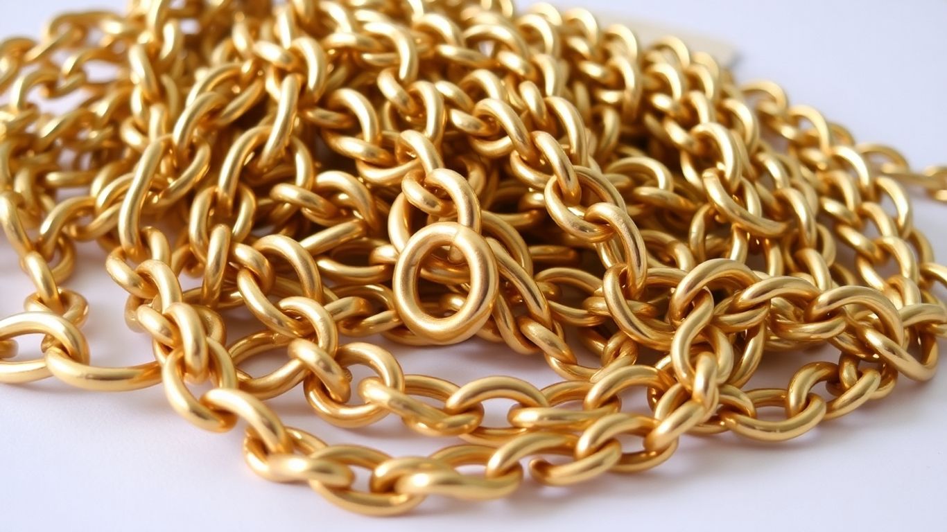 Assortment of brass chains with varying link styles.