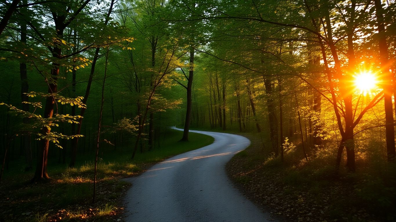 Winding forest path with sunlight filtering through trees.