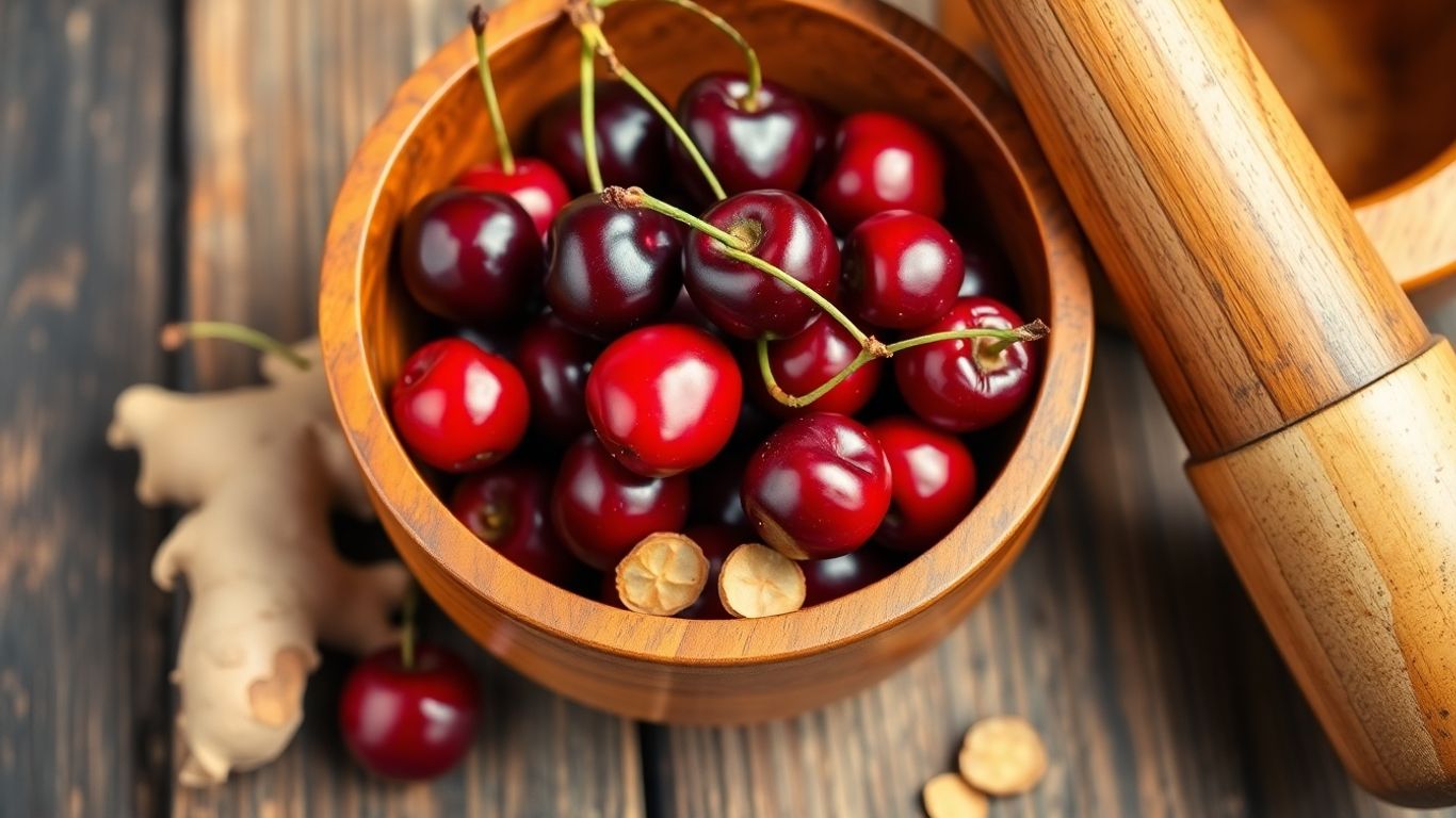 Cherries, ginger, mortar, pestle, natural remedies