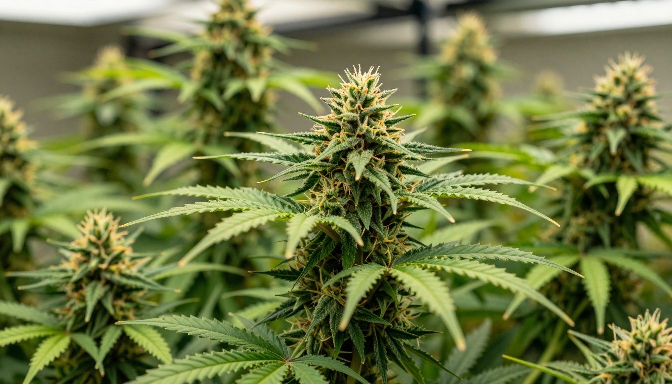 Close-up of healthy, vibrant marijuana plants growing indoors.