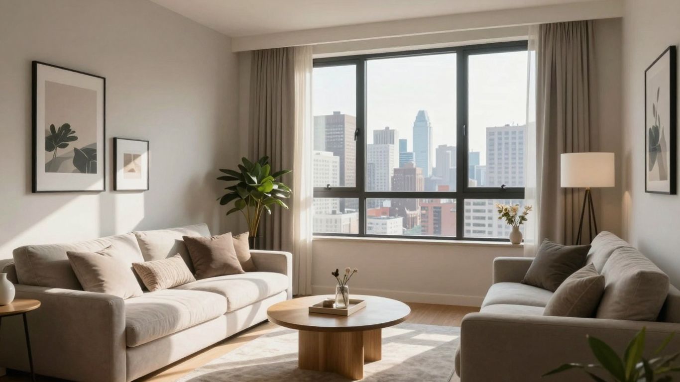 Modern Airbnb interior with city view.
