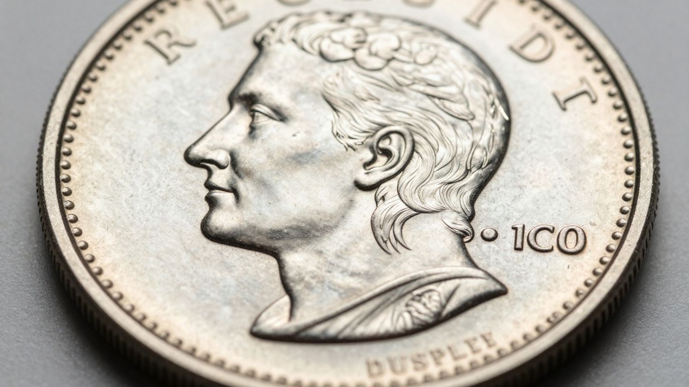Close-up of a proof coin being minted, showing intricate detail.