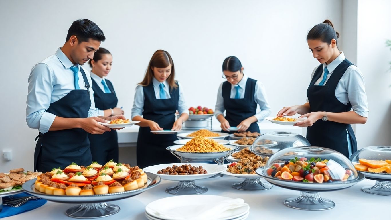 Catering-Team arrangiert Speisen mit blauen Akzenten