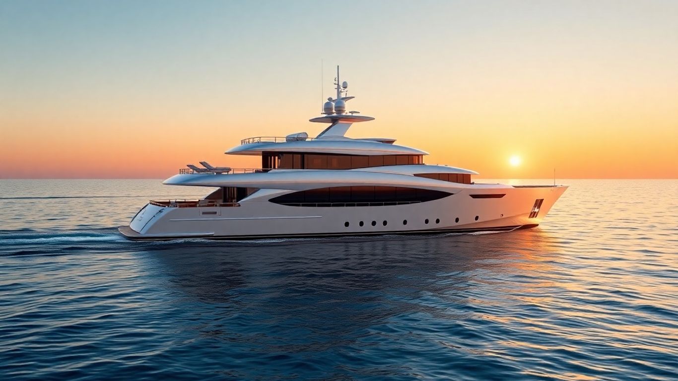 Luxurious 67m superyacht sailing on a calm ocean at sunset.