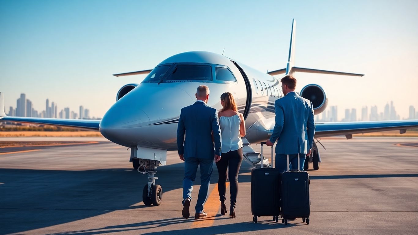 Luxury private jet on runway with couple boarding