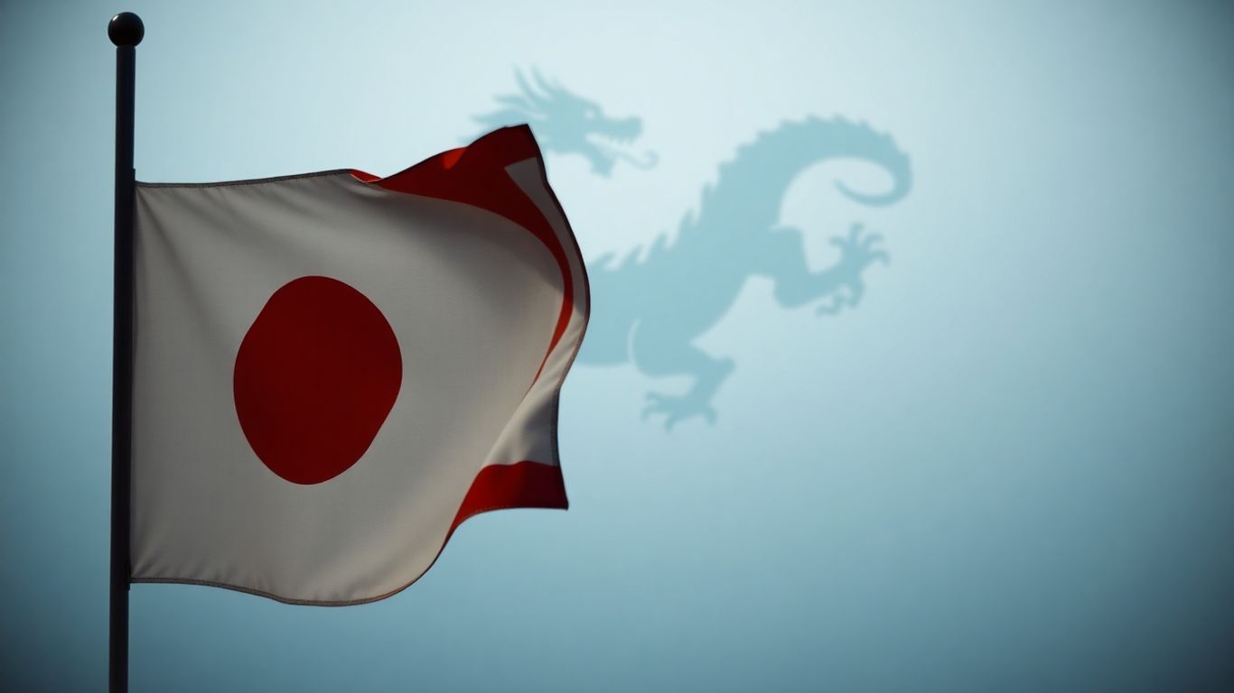 Japanese flag near Taiwan map with dragon silhouette.