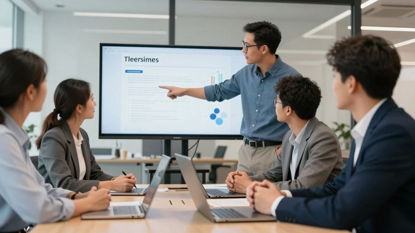 Executives discussing technology strategy in a modern office.