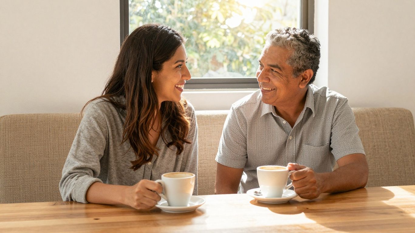 Doi oameni discutând prietenos la o cafenea.
