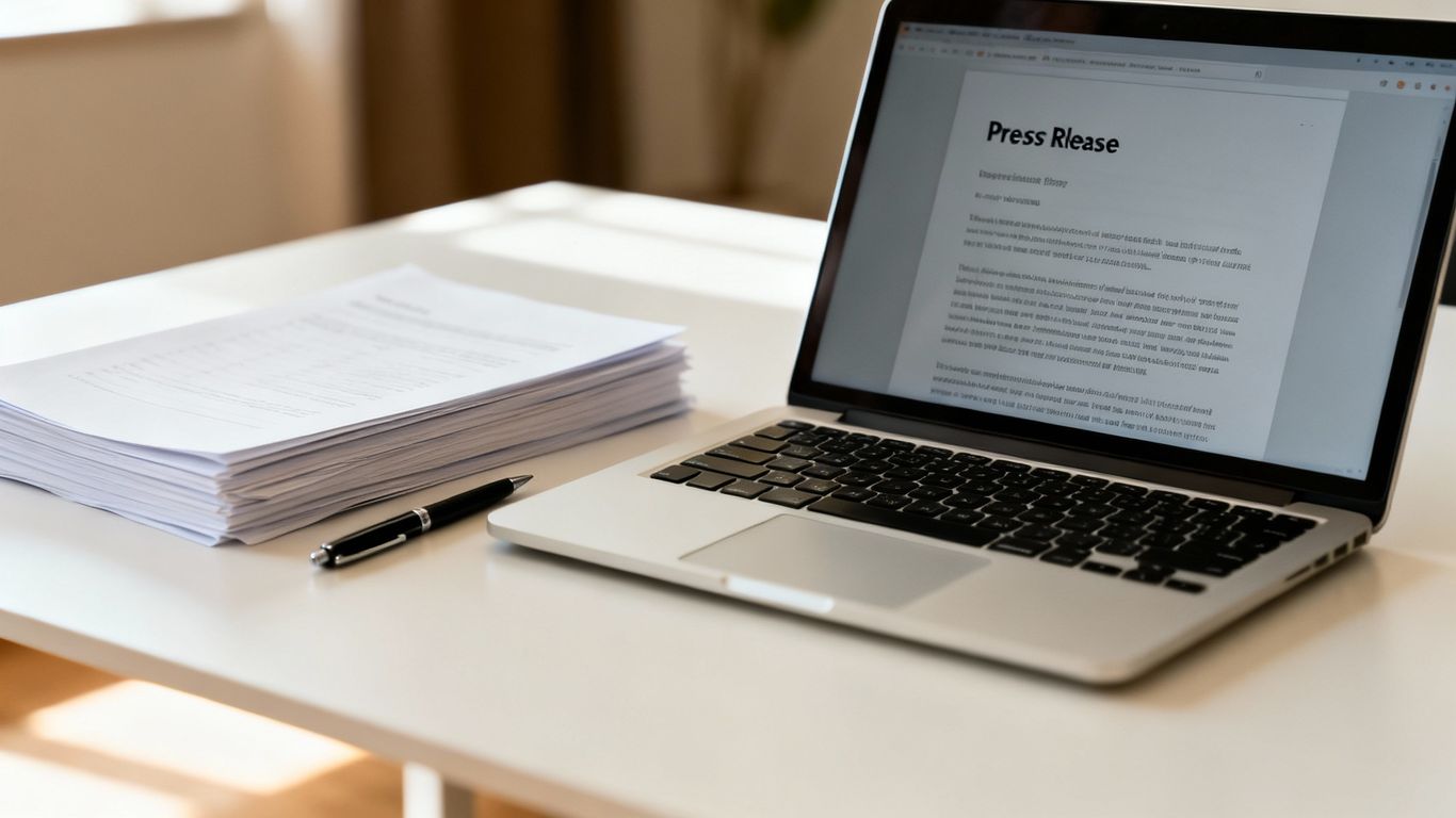 Press release checklist on a desk with laptop and pen.