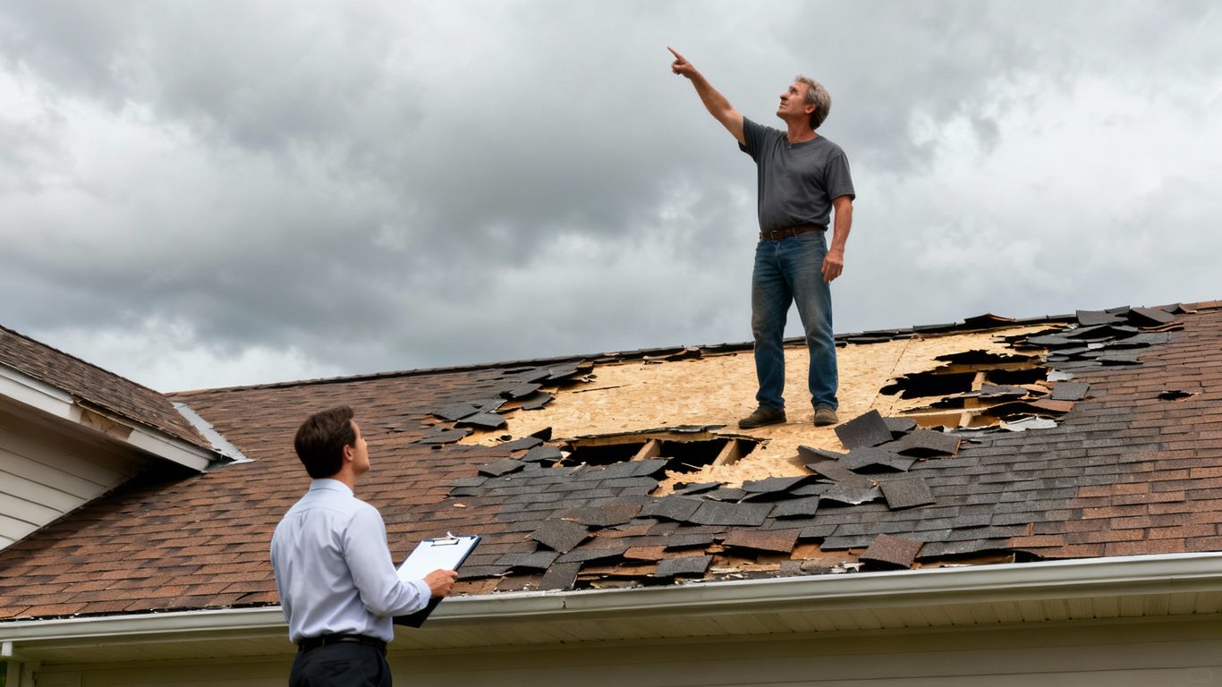 Homeowner and adjuster inspect damaged roof after storm.
