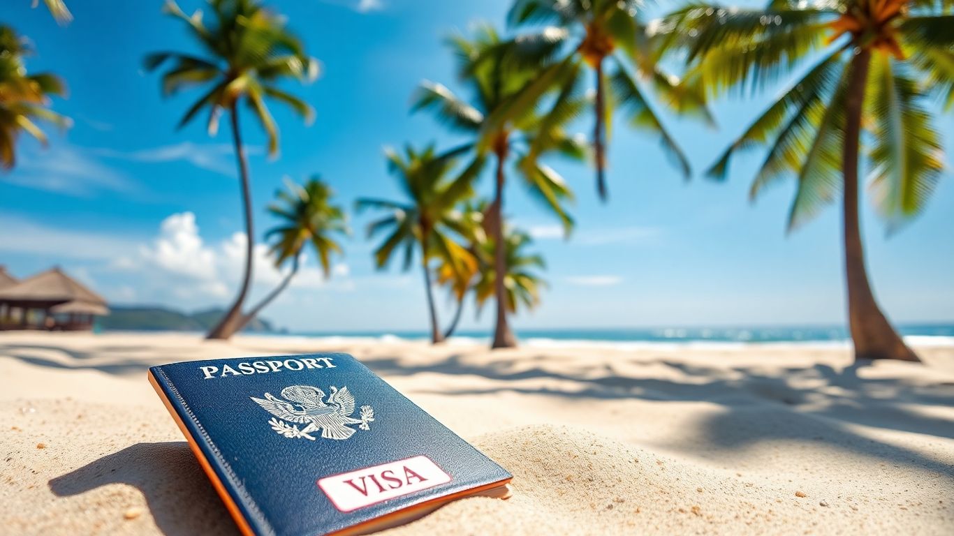 Balinese beach with passport and visa stamp.