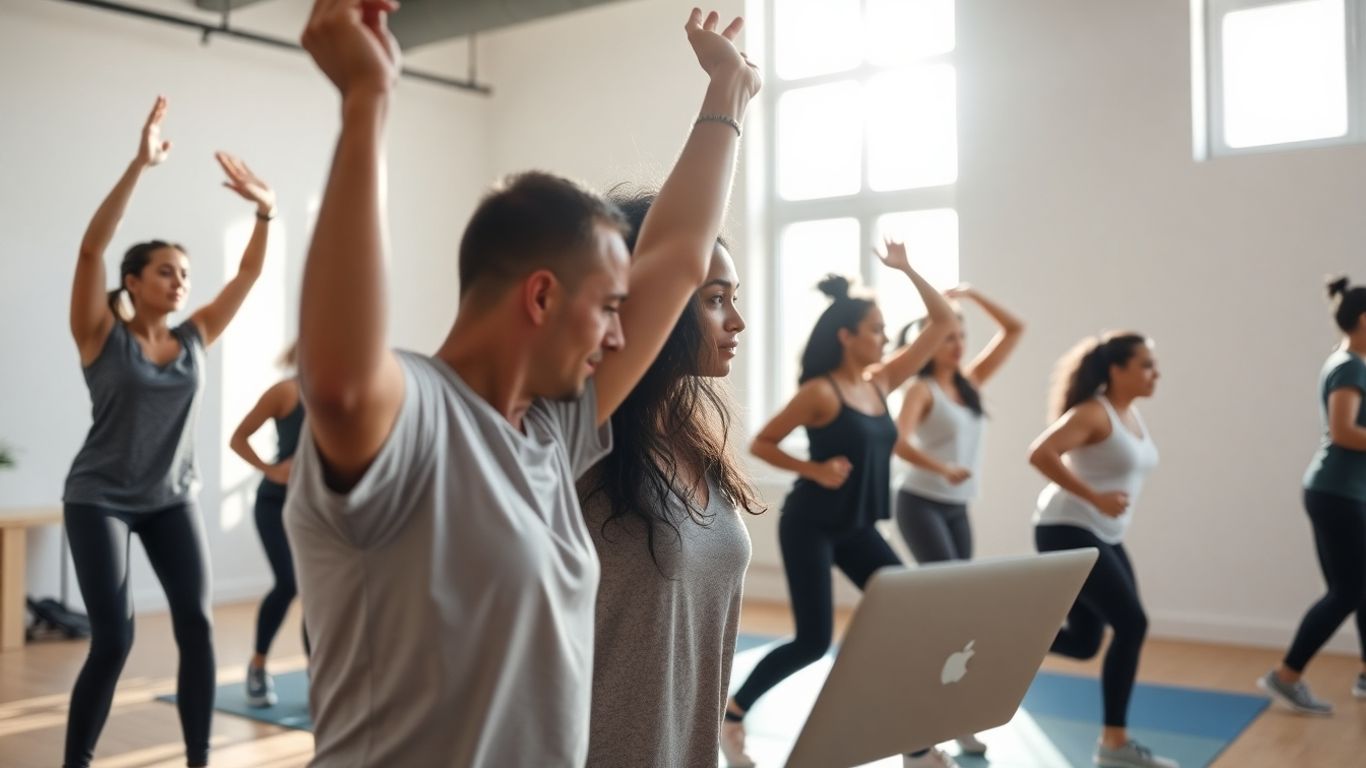 Schüler machen Online-Sportunterricht mit Laptops.