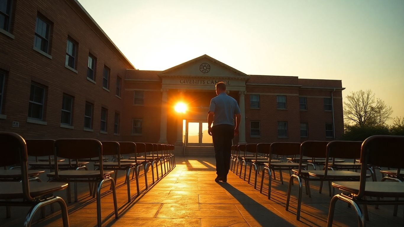 Teacher leaving classroom, empty desks, setting sun.