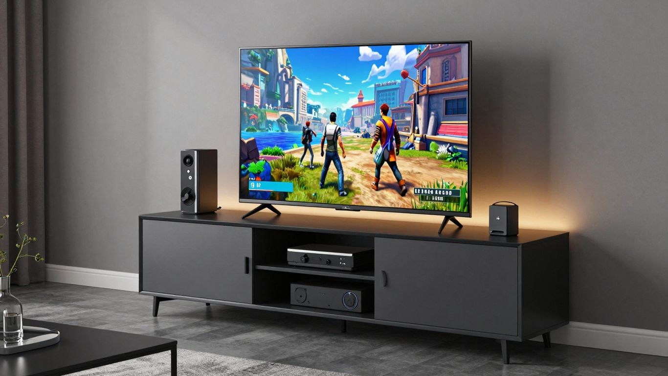 Modern entertainment center with TV and gaming setup.