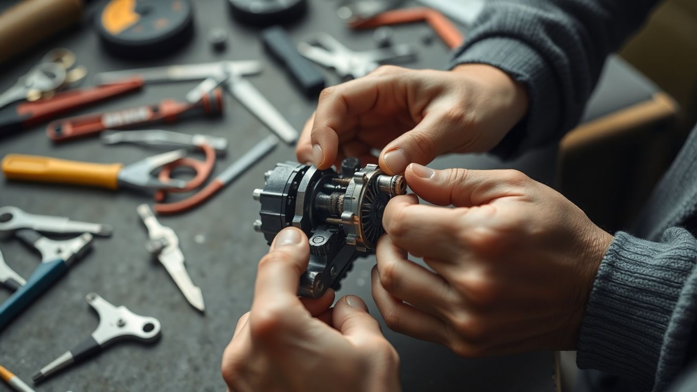 Hands carefully assembling a mechanical part with tools.