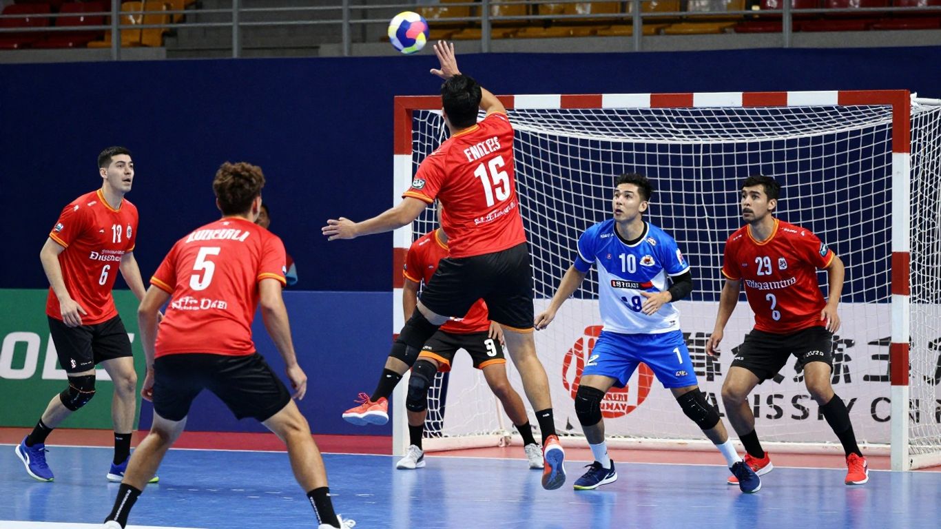 Jucători de handbal în acțiune pe teren