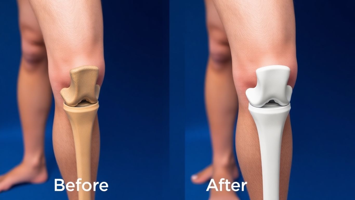 Knee before and after replacement surgery.
