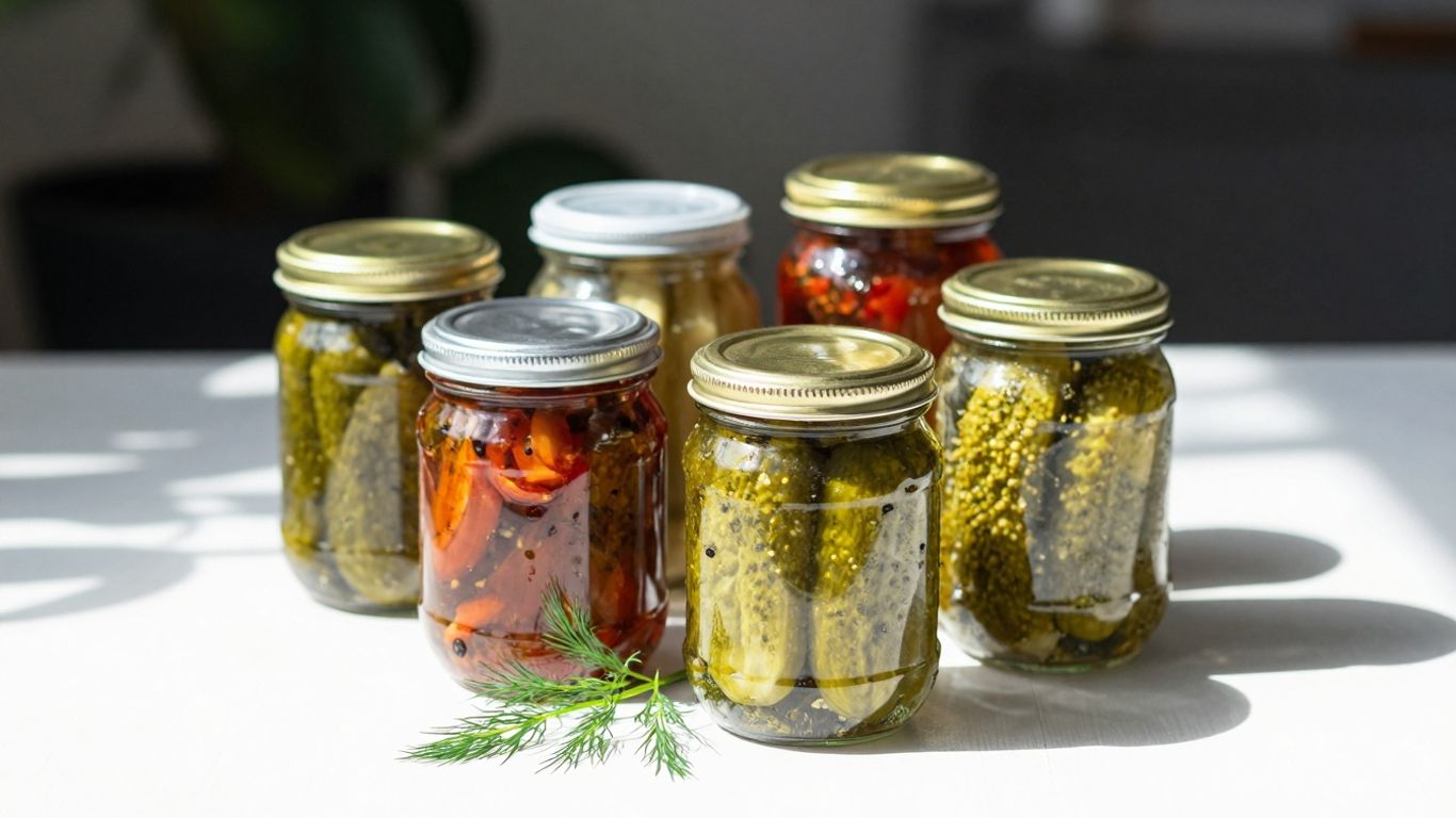 Assorted gourmet pickles in glass jars with dill sprigs.