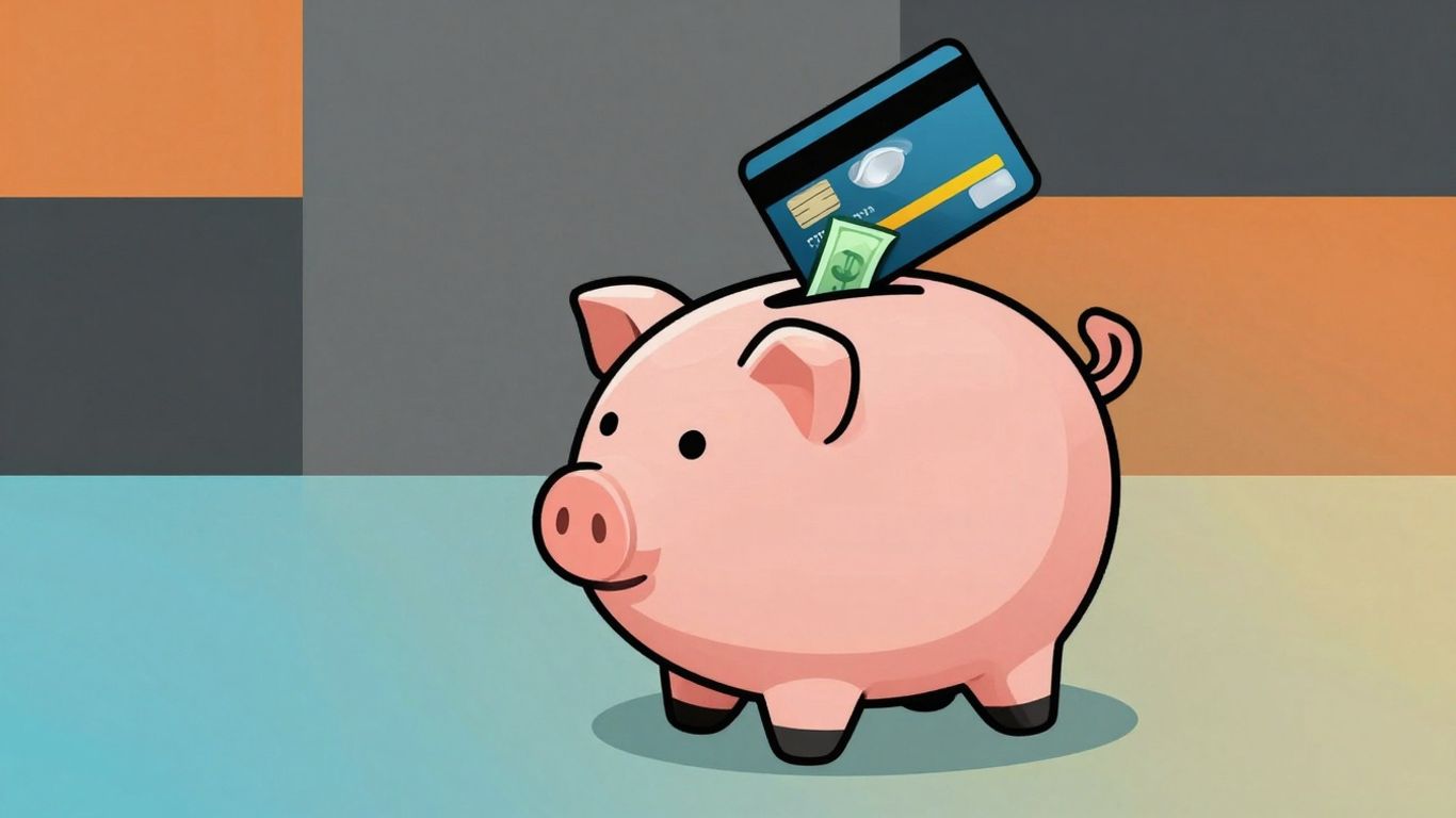 Cartoon piggy bank with credit card and money flow.