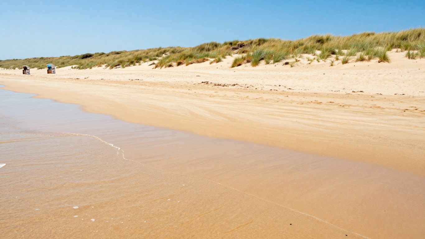 Zonnig strand met duinen en rustige golven.