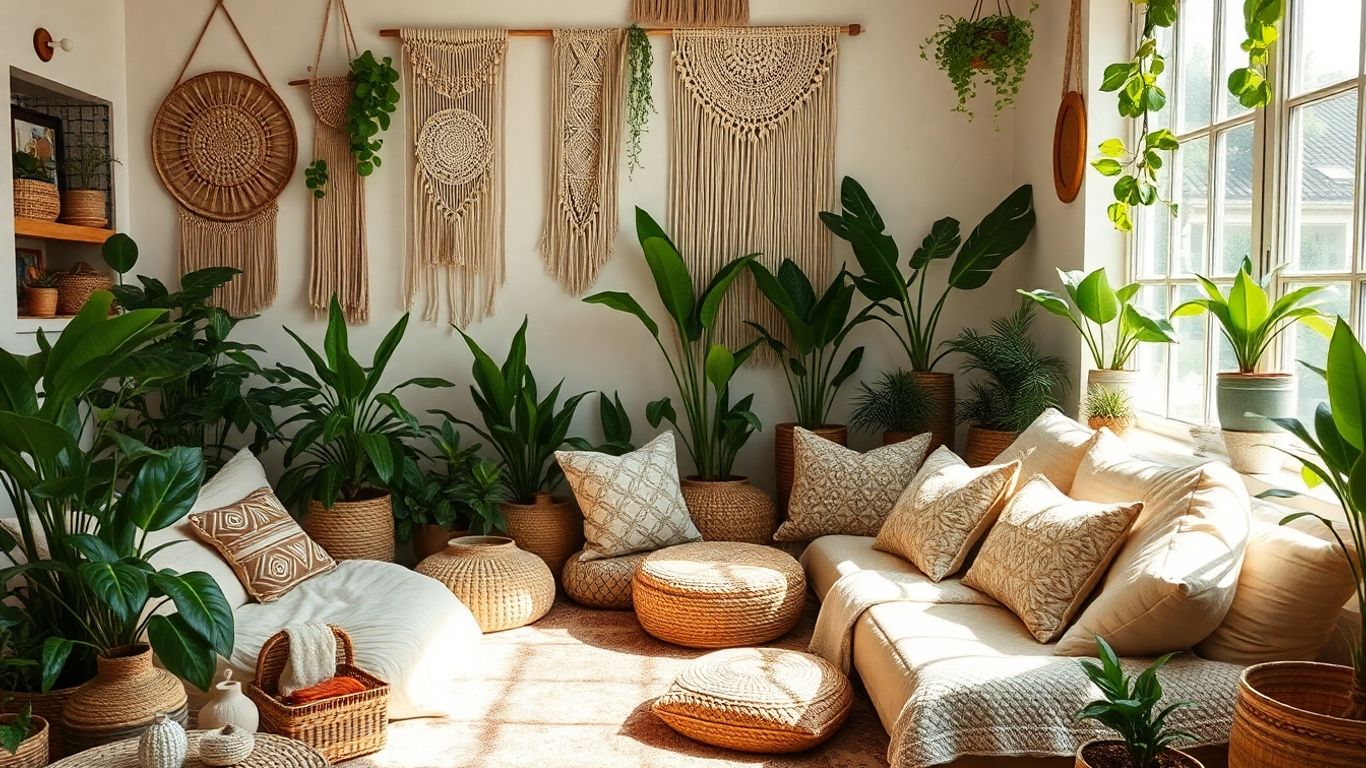 Boho chic living room with textures and patterns.
