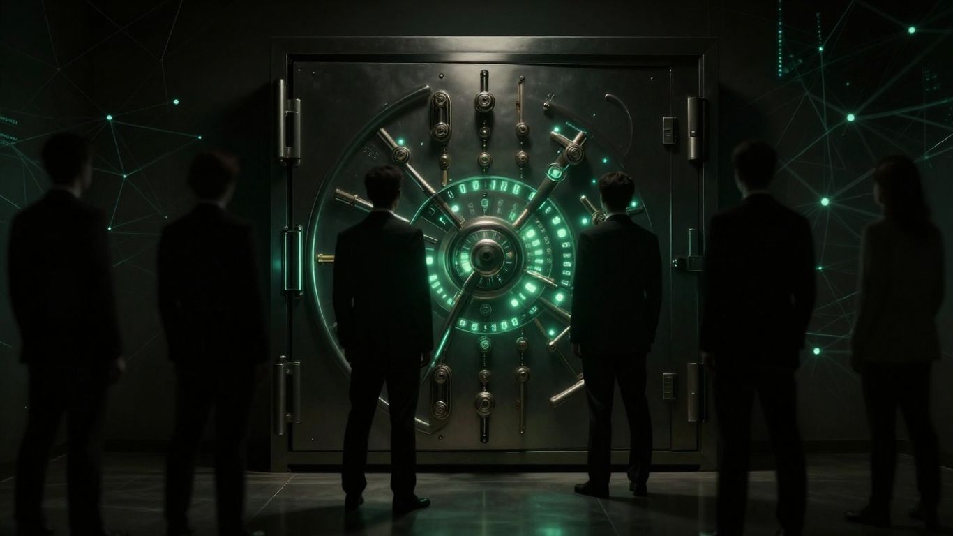 Secure vault with digital locks and guards.