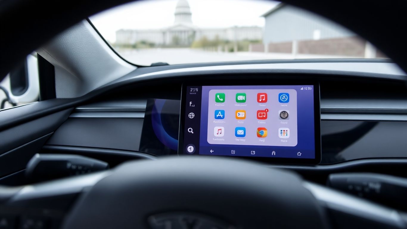 Tesla dashboard showing Apple CarPlay interface.