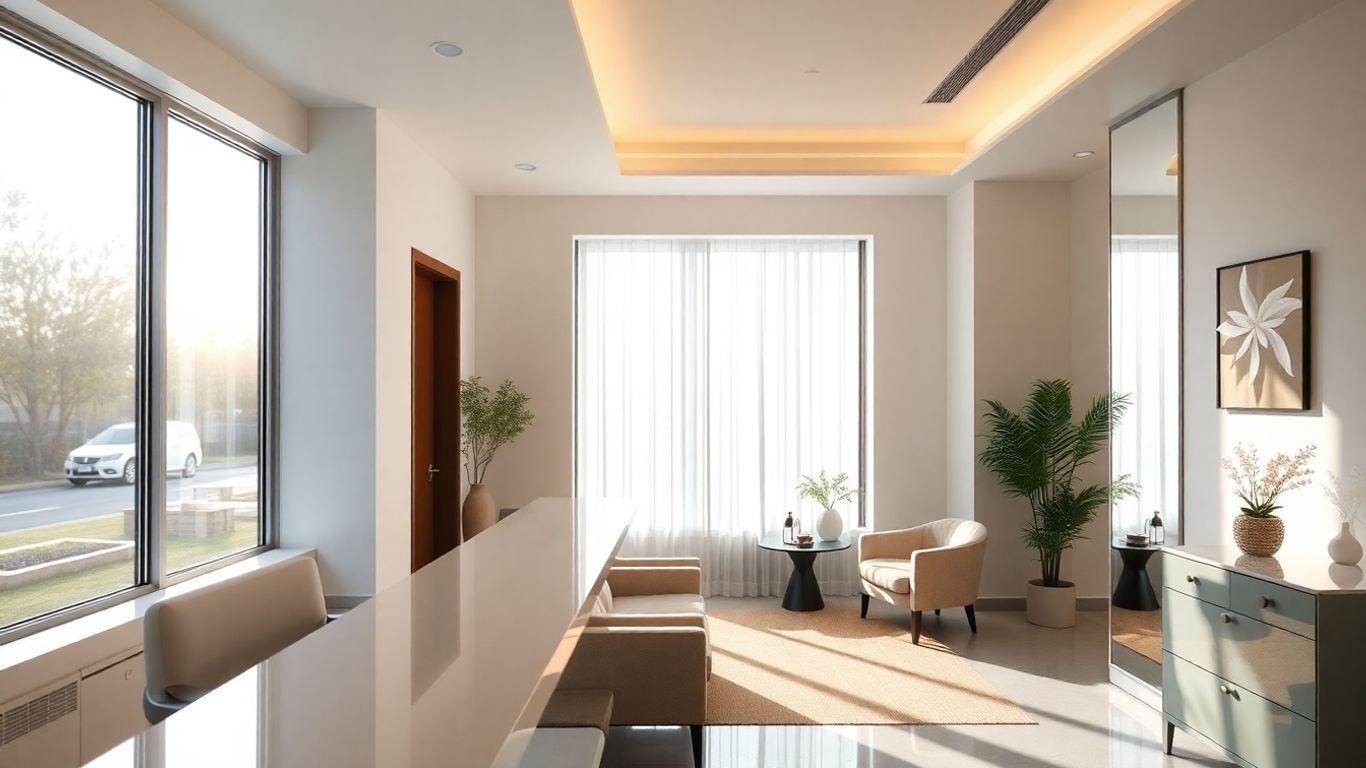 Aesthetic clinic interior with reception and waiting area.