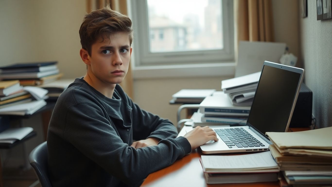 Estudiante preocupado en habitación de estudio con libros y portátil.