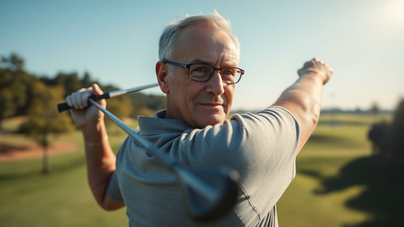 Senior man swinging a golf club on a sunny course.