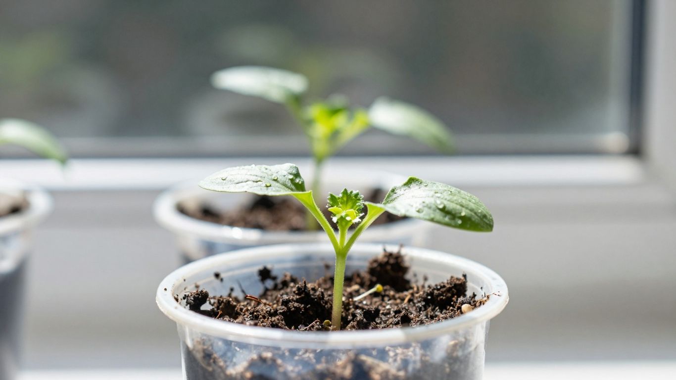 Junge Kräuter und Salate auf einer Fensterbank