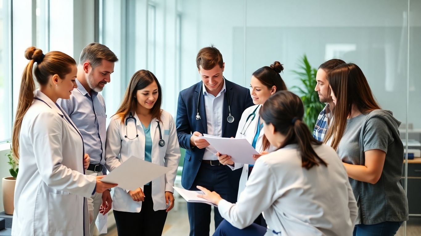 Healthcare professionals collaborating on business strategy.