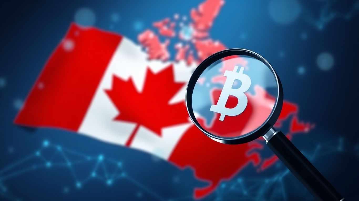Canadian flag and global map with digital currency icons.