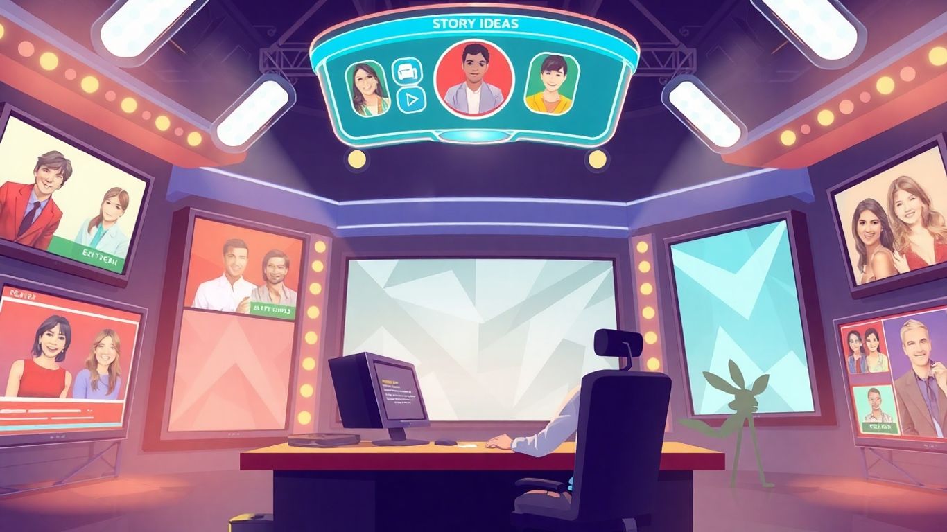 Producer working at a desk with screens and game-like interface.