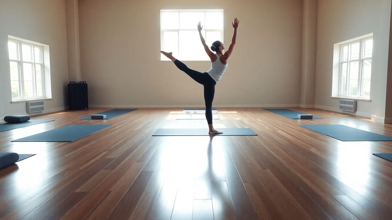 Iyengar yoga pose in a bright studio.