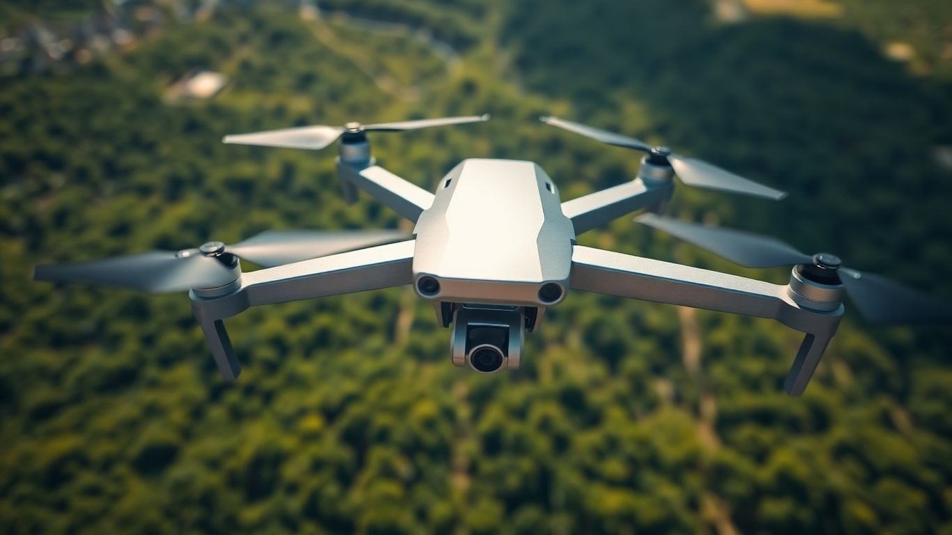 Drone hovering over green landscape