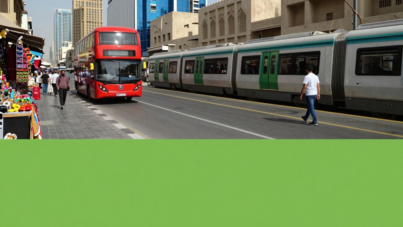 Dubai street with bus and metro, budget shopping.