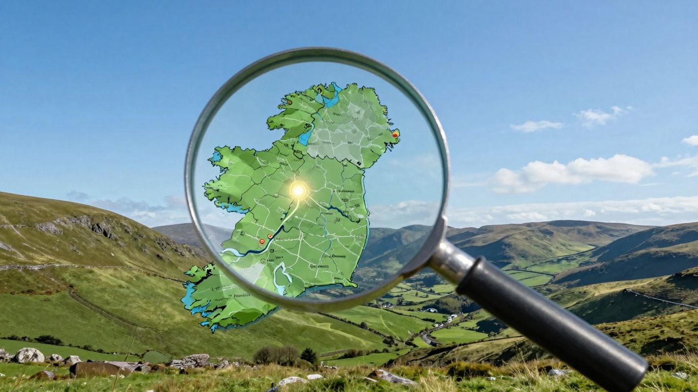 Irish map with magnifying glass highlighting a location.