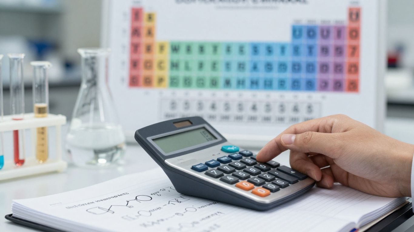 Chemistry lab with calculations and formulas.