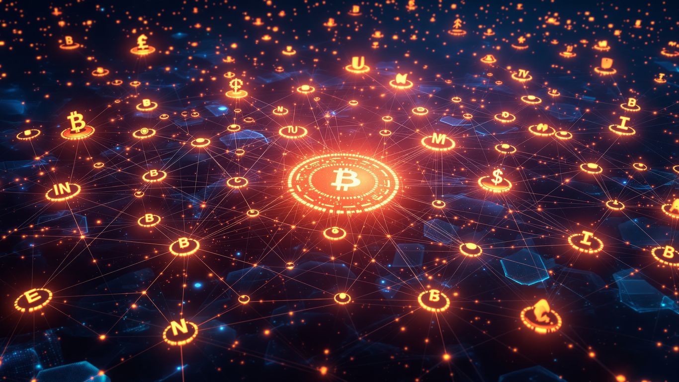 Digital network with glowing nodes and pathways.