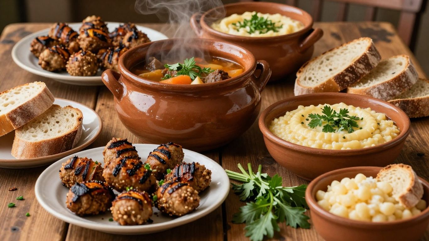 Mâncare tradițională românească pe o masă rustică.