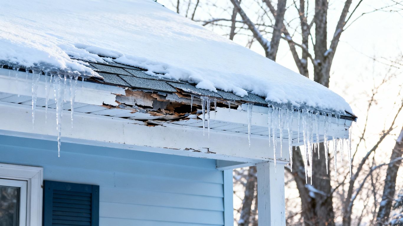Snowy house roof with icicles in winter.