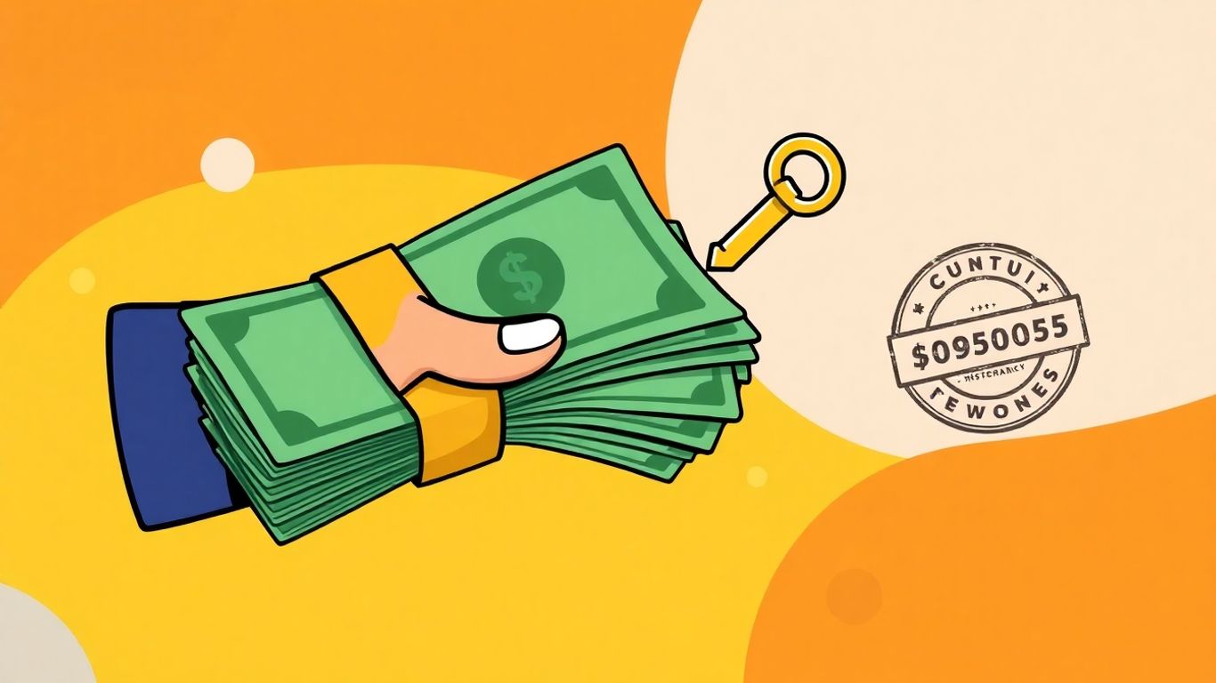 Cartoon illustration of cash, key, and signature stamp.